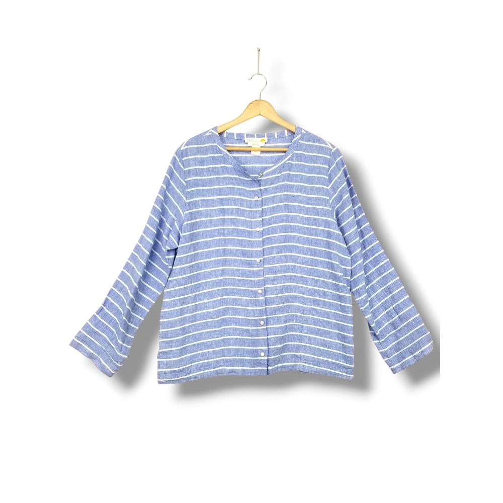 C&C California 100% Linen Striped Button Front Blouse Blue White‎ Large L Pocket